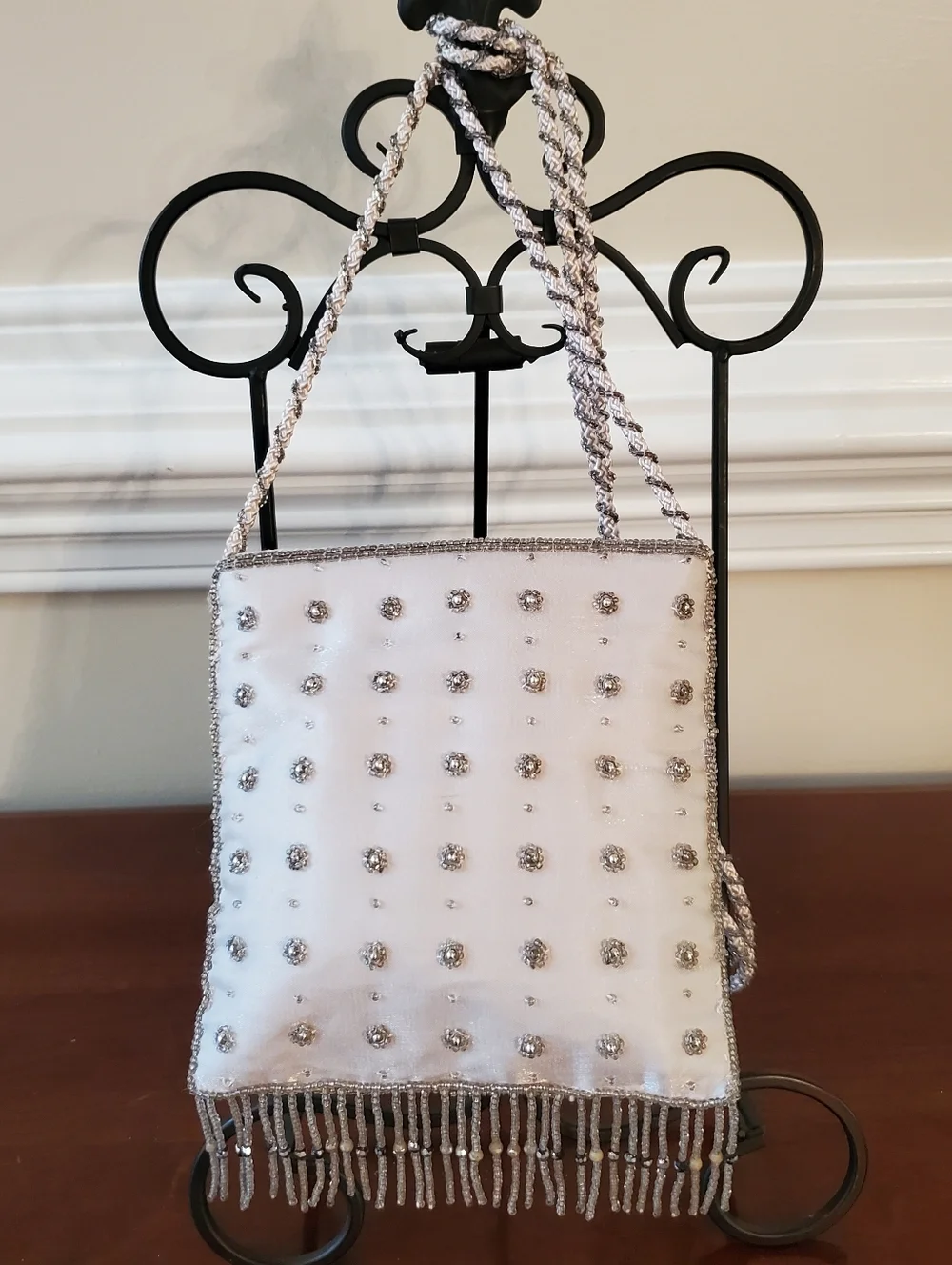 Vtg - La Regale - Silver White - Satin - Beaded Fringe Purse